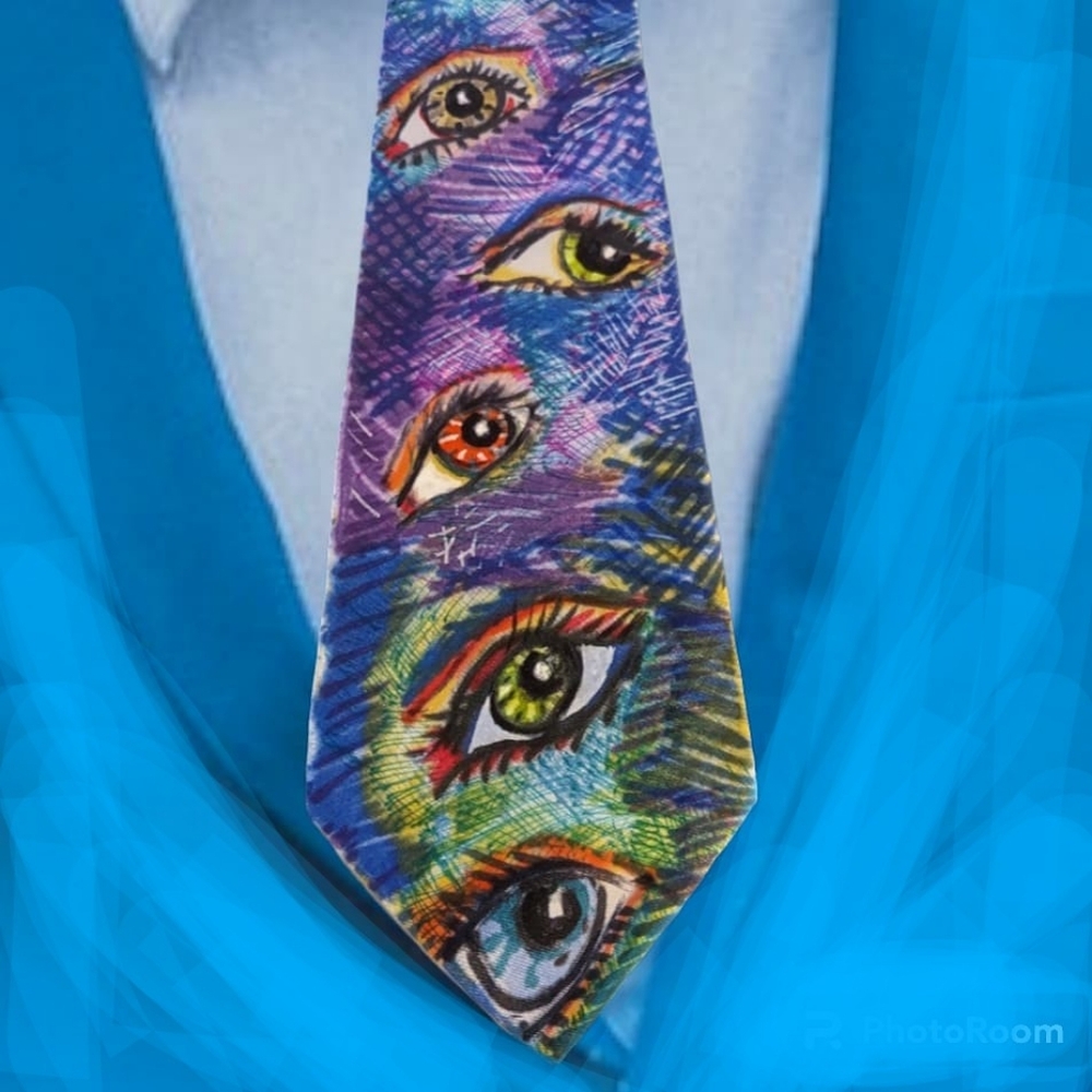Hand drawn/Painted signed silk tie original one of a kind  "Eyes"